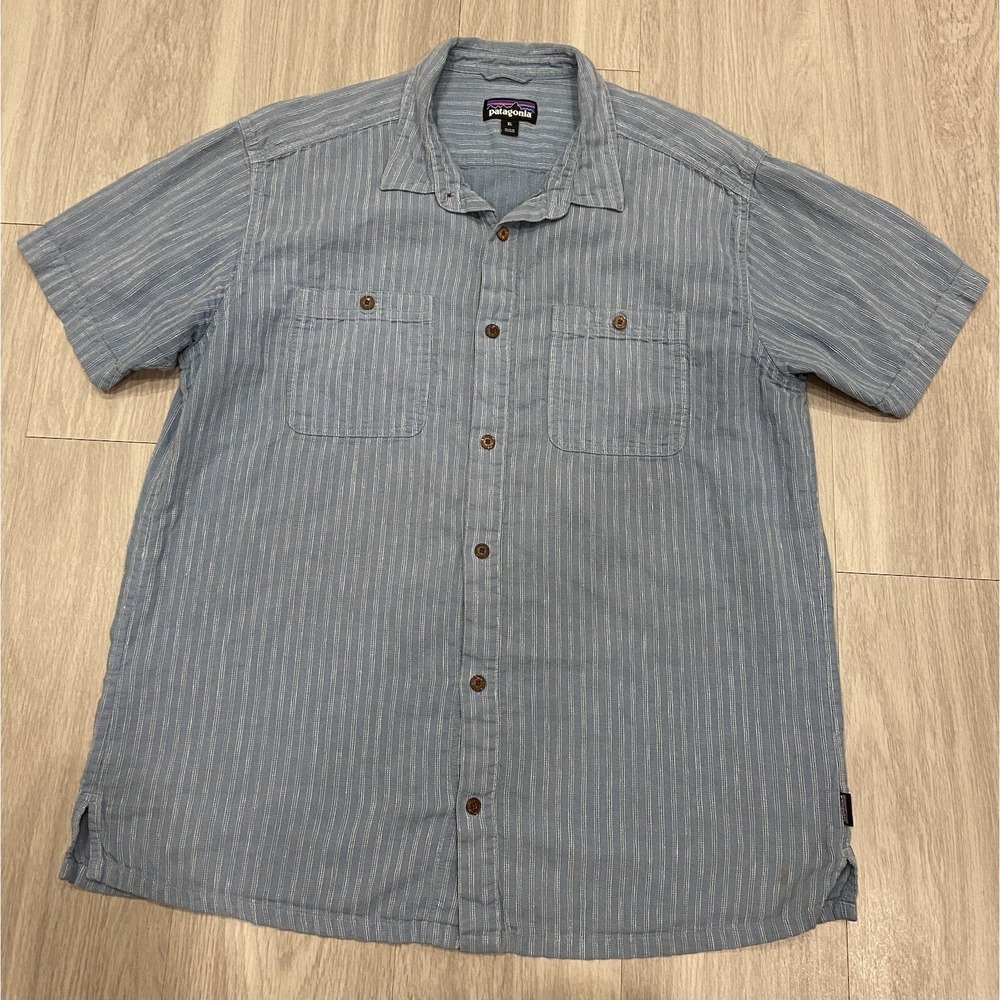 Patagonia Shirt Mens XL Navy Blue Button Up Hemp Organic Cotton SS *Stains Wear*